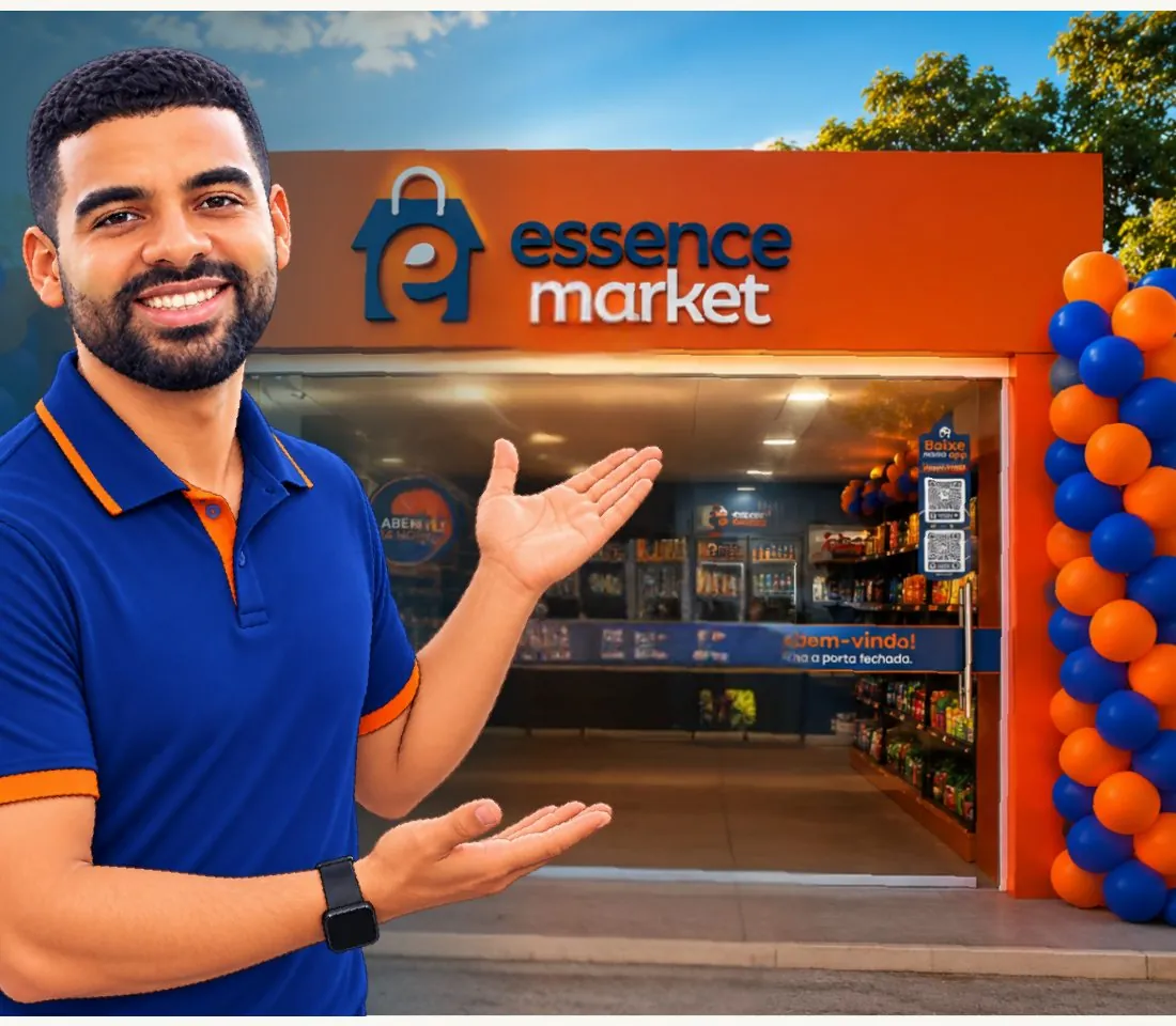 Franqueado Essence Market apresentando a fachada de um minimercado autônomo decorado para inauguração