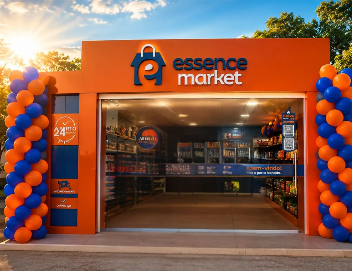Fachada de minimercado Essence Market decorada para inauguração, com selo Aberto 24 Horas